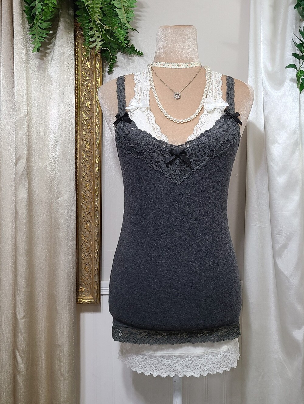 Vintage ♡ Y2K ♡ Abercrombie Dark Grey Babydoll Cami Satin Bows Tank Top